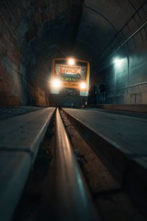 A train goes through an illuminated tunnel, taking the Hermann Hesse Railway, Calw, Black Forest,