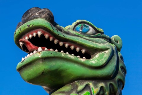 Green dragon with big teeth and long red tongue against blue sky background, Fun Show traveling