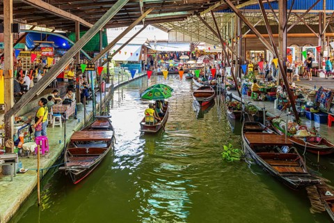 Wooden boats on the Damneon Saduak floating markets channel, near Bangkok, Ratchaburi district,
