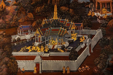 The Grand Royal Palace, Wat Phra Kaeo Buddhist Temple, wall painting on galleries with Buddhist