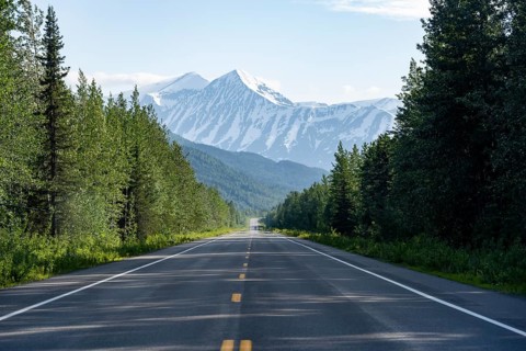 Road through taiga and mountainous landscape, picturesque landscape on Richardson Highway, Alaska,