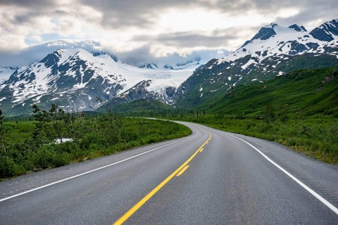 Road through mountain landscape, picturesque landscape with Worthington glacier, dramatic cloudy