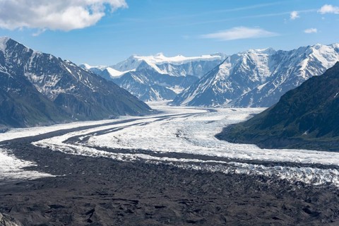 View of impressive mountain landscape with Matanuska glacier and glaciated mountain peaks, Lion's