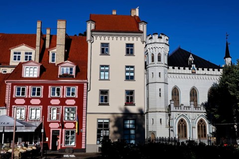 Architecture of the Small Guild on Livu Square in Riga with eye-catching brick facades, Riga,