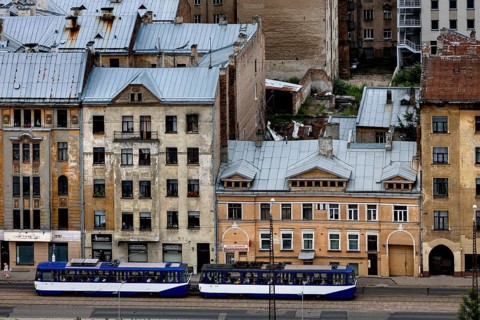 Historic street view of Moscow suburb in Riga with tram passing by, Riga, Latvia, Latvia