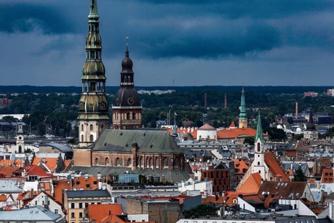 Panorama of Riga with distinctive church towers and historic buildings, Riga, Latvia, Latvia