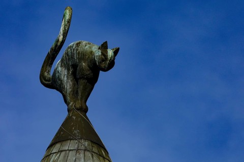 Detail of the cat house roof in Riga with a cat as a sculpture against the blue sky, Riga, Latvia