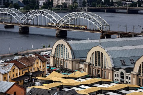 View of the distinctive bridge and central market in Riga, Riga, Latvia, Latvia