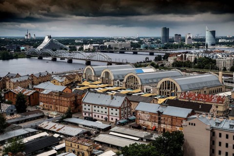 Distinctive view of Riga Central Market and surrounding bridges, Riga, Latvia, Latvia