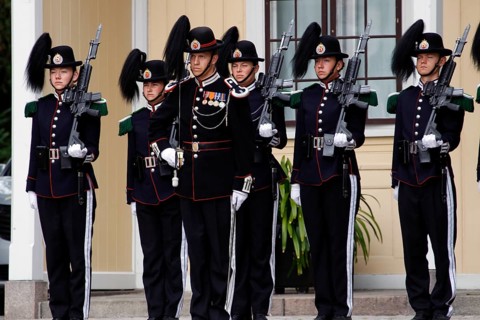 Ceremonial changing of the guard in magnificent uniforms at the Royal Palace, Oslo, Norway