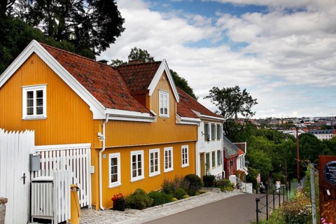 Colourful old wooden houses in Telthusbakken with wooded background and views of the city, Oslo,