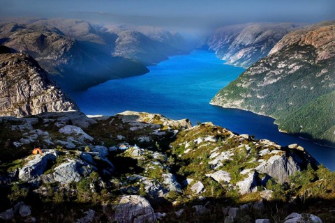 Breathtaking view of the Lysefjord of Prekestolen surrounded by impressive mountains, Lysefjord,