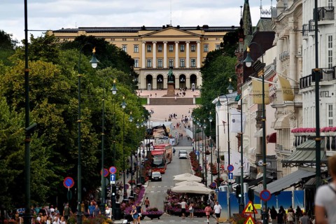 View of Oslo Castle from a busy street, Oslo, Oslo, Norway