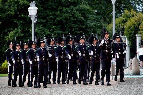 Guard changing the guard in solemn uniforms at the Royal Palace, Oslo, Norway