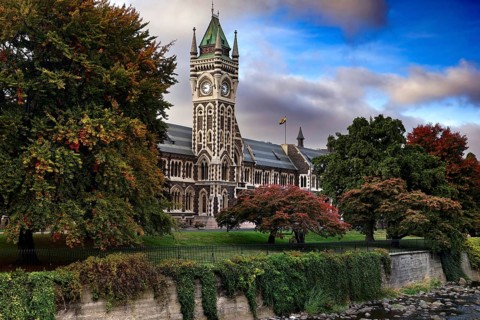 The University of Otago Clocktower building surrounded by autumn trees, Dunedin, Otago, New Zealand