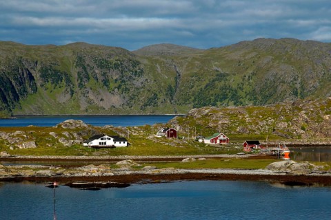 Rolling hills and landscape of houses near Hammerfest, Hammerfest, Finnmark, Norway