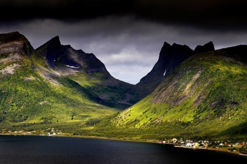 Impressive mountain landscape with impressive light incidence in Bergsbotn, Senja, Norway