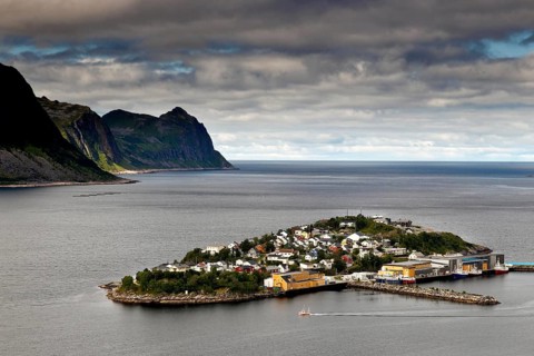Panorama of Husøy Island surrounded by sea and mountains, Husøy, Senja, Norway