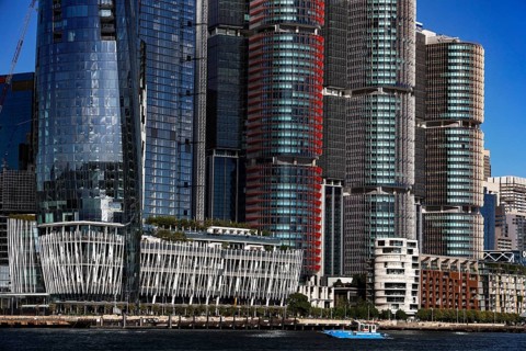 Modern skyline of Barangaroo with distinctive waterfront buildings, Sydney, New South Wales,