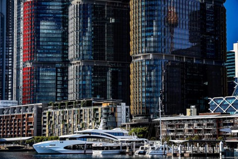 Skyscrapers and yachts in the lively Barangaroo district, Sydney, New South Wales, Australia