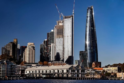 Sydney's modern skyline with glittering skyscrapers in Barangaroo and Walsh Bay, Sydney, New South