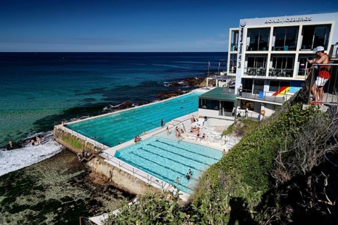 Iconic Bondi Icebergs swimming club on the coast overlooking the open sea, Sydney, New South Wales,