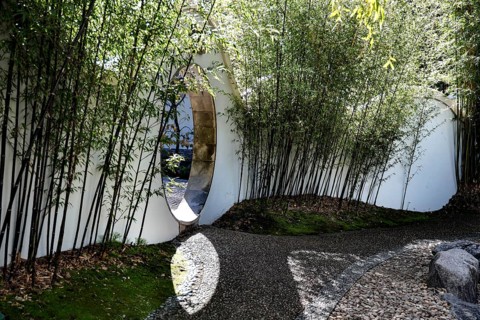 Moon gate in a bamboo grove in the Chinese Friendship Garden in Sydney, Sydney, New South Wales,