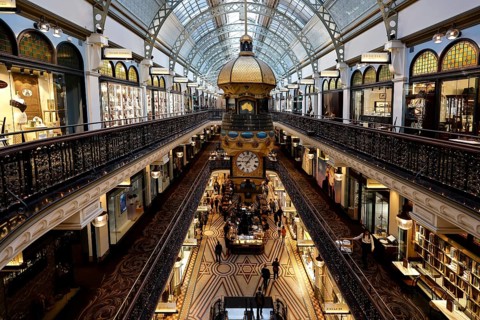 Magnificent interior gallery of the Queen Victoria Building with impressive dome and elegant