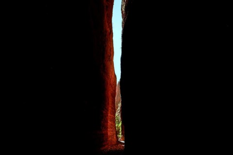 Towering rocks in Echidna Chasm with a narrow strip of sky, Purnululu, Western Australia, Australia
