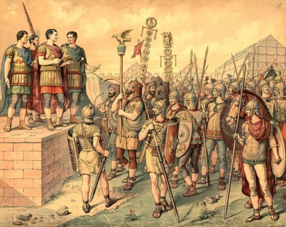 A Roman war camp, around the year 200, in Germania, school picture, authentic reproduction of a
