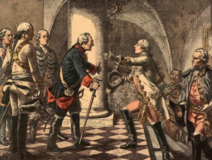 Friedrich II and Joseph II, school picture, authentic reproduction of a school mural, around 1911,