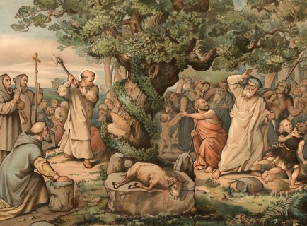 The felling of the Donar oak, also thunder oak or thor oak, near Geismar, by the missionary