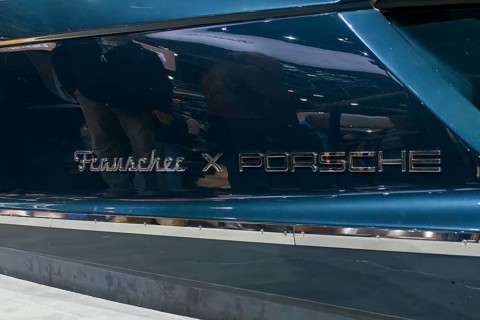 Frauscher x PORSCHE logo on luxurious 790 Spectre sports boat at Messe Boot, Düsseldorf, North