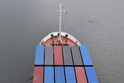 Aerial view, drone view of a container ship in the Kiel Canal, NOK, Kiel Canal, Kiel Canal,
