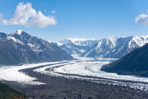 View of impressive mountain landscape with the Matanuska Glacier tongue, Lion's Head, Chugach