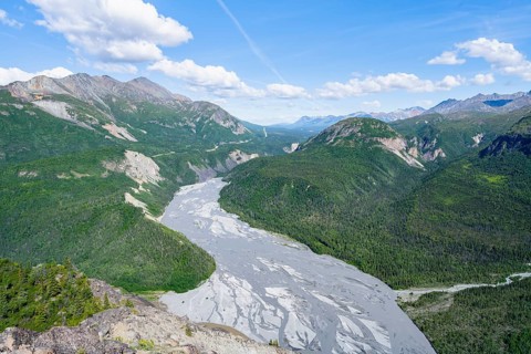 View of impressive mountain landscape with Matanuska River, Lion's Head, Chugach Mountains, Alaska,