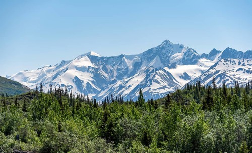 Mountain peak with snow, Alaska Range, Richardson Highway, Alaska, USA