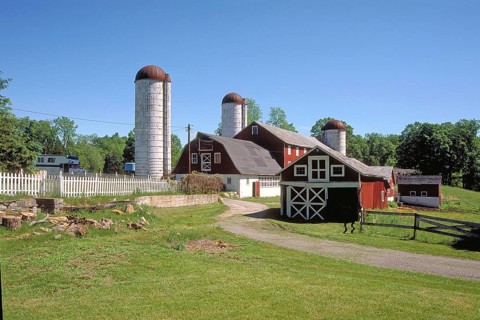 Dairy farm with silo towers, Marksborow, New Jesey, USA