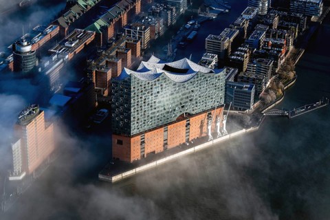 Elbe Philharmonic Hall, Seenebel, Elbe, Hafencity, aerial view