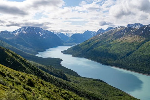 View of blue lake and mountains on Twin Peaks Trail, Eklutna Lake, Chugach Mountains, Chugach State