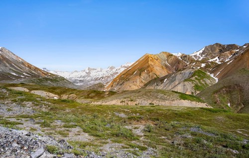 Colourful mountains, picturesque mountain scenery on Gulkana Glacier, Richardson Highway, Alaska