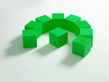9 green wooden cubes against a white background