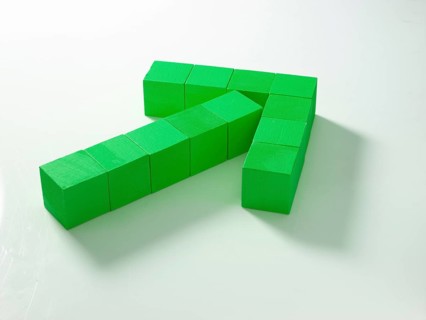 12 green wooden cubes against a white background