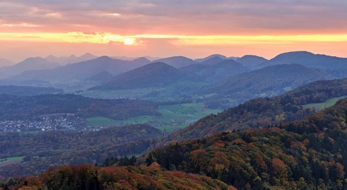 View of an autumnal forest from the Gisliflue, behind the Jurassic foothills in the light of the