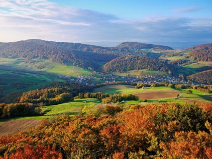 View from the Gisliflue of an autumnal forest with the Jura foothills behind, Talheim, Canton,