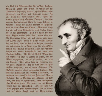Portait with a text from the book Erzählungen des rheinländischen Hausfreundes, Johann Peter Hebel,
