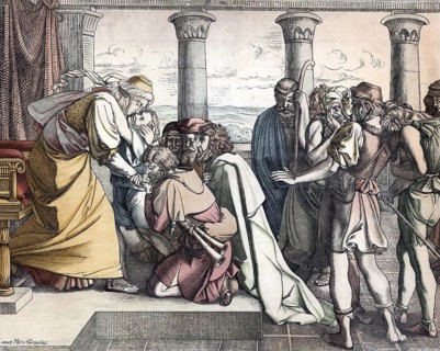 Scene from the biblical story, Joseph reveals himself to his brothers, authentic reproduction of a
