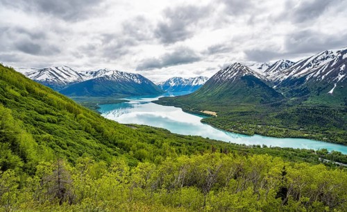 View of snowy mountains in spring and turquoise blue Kenai Lake, Slaughter Ridge Trail, Cooper