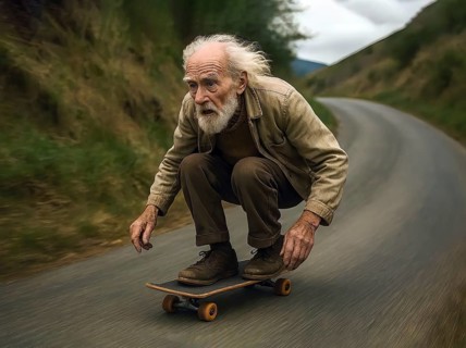 An old bearded man rides on a skateboard at high speed, symbolic image sport, old age sport, roller