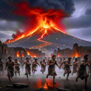 People are running for their lives, the fall of the Roman city of Pompeii in 79 AD due to an